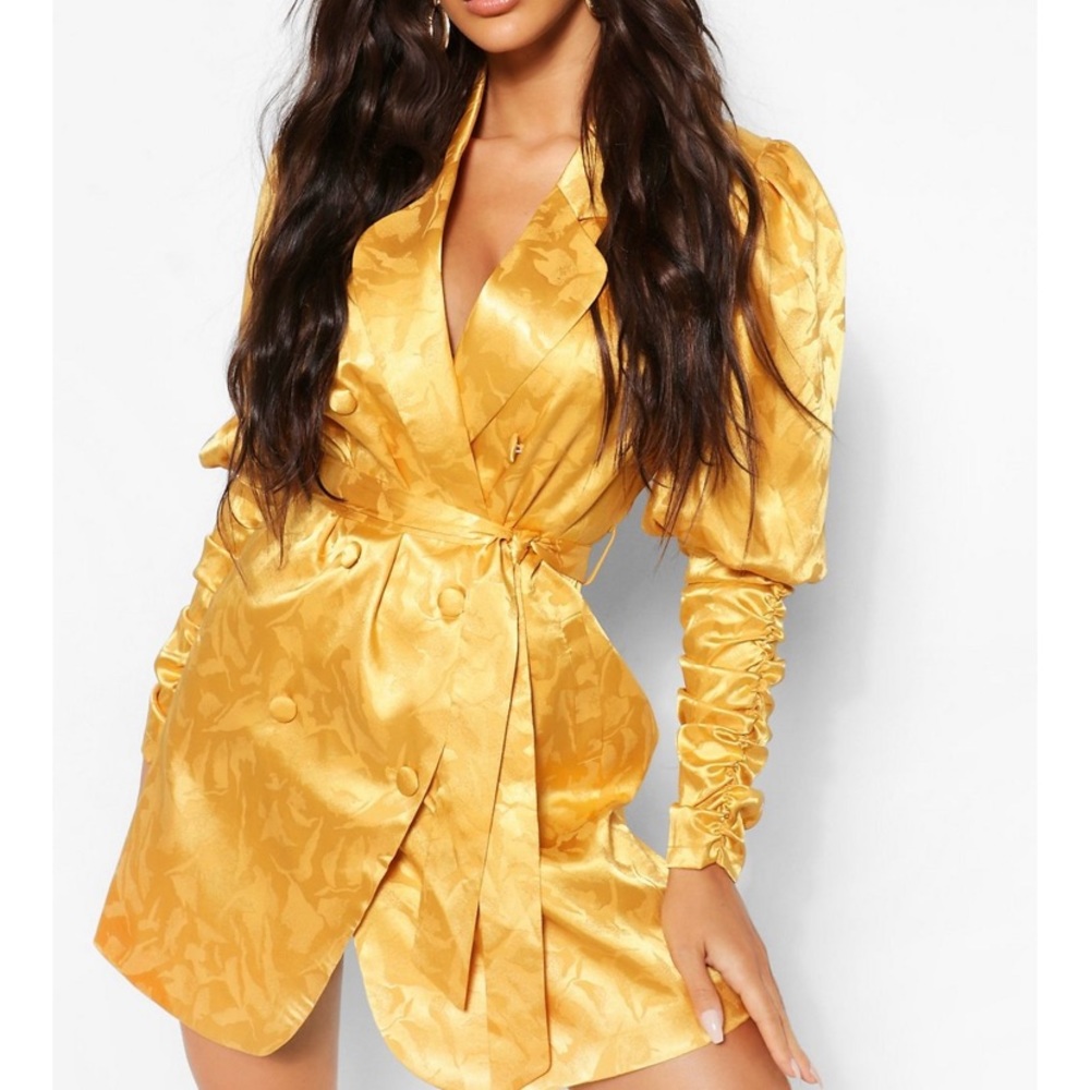 Satin Jacquard Ruched Sleeve Blazer Dress